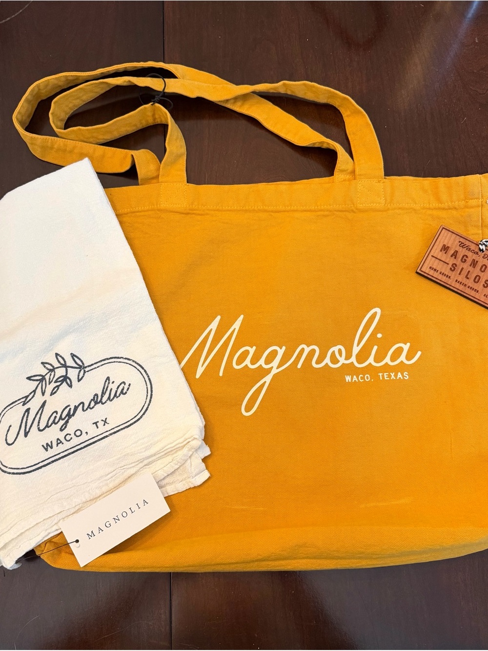New Set Magnolia Yellow Canvas Tote, Tea Towel and Wood Christmas Ornament.